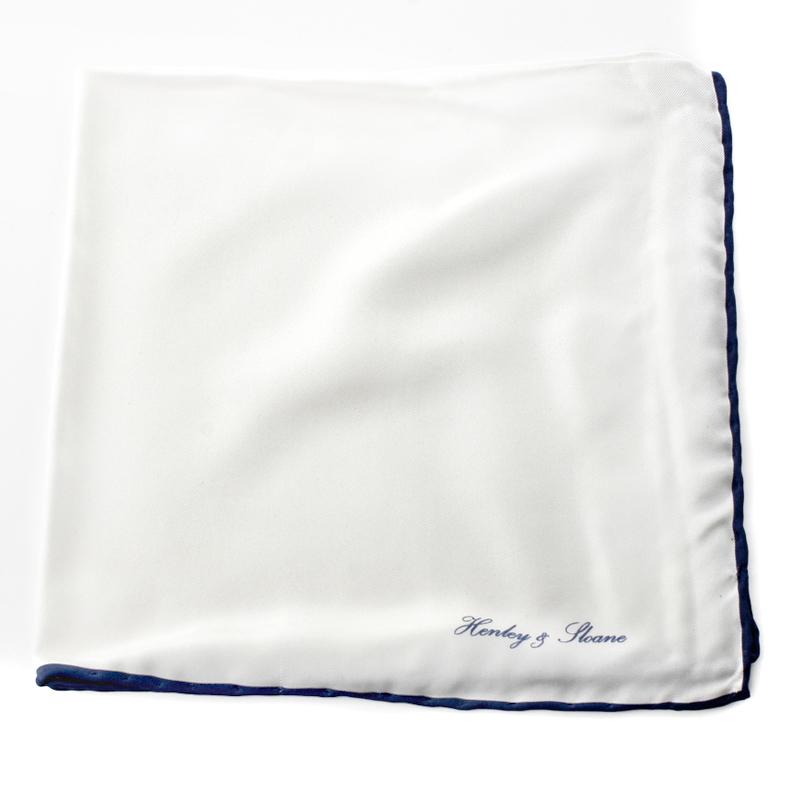  White Silk Pocket Square/Navy Piping