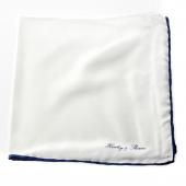  White Silk Pocket Square/Navy Piping